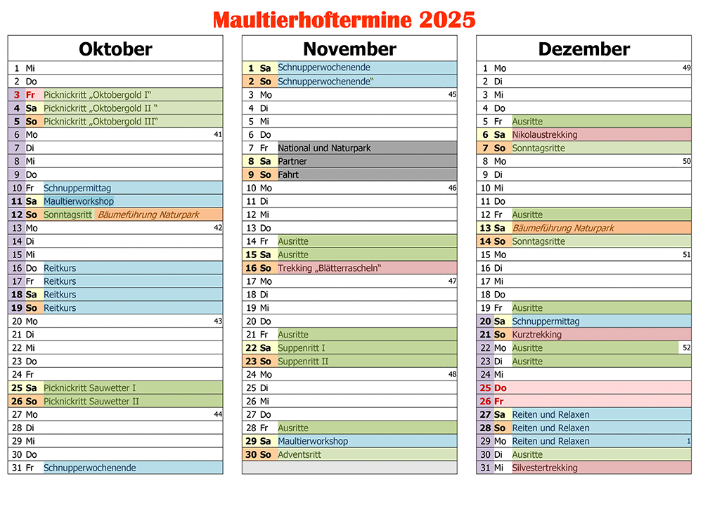 Maultierhoftermine 4.Quartal 2025